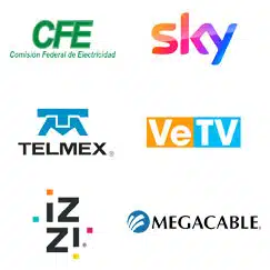 logos de empresas a quienes les damos servicios, CFE, SKY, Telmex, VeTV, izzi, Megacable