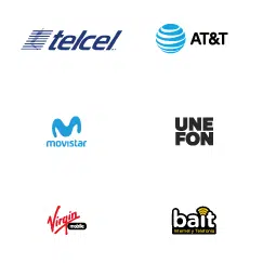 logos de marcas en donde puedes recargar con pagaqui telcel, at&t, movistar, unefon, virgin mobile y oui