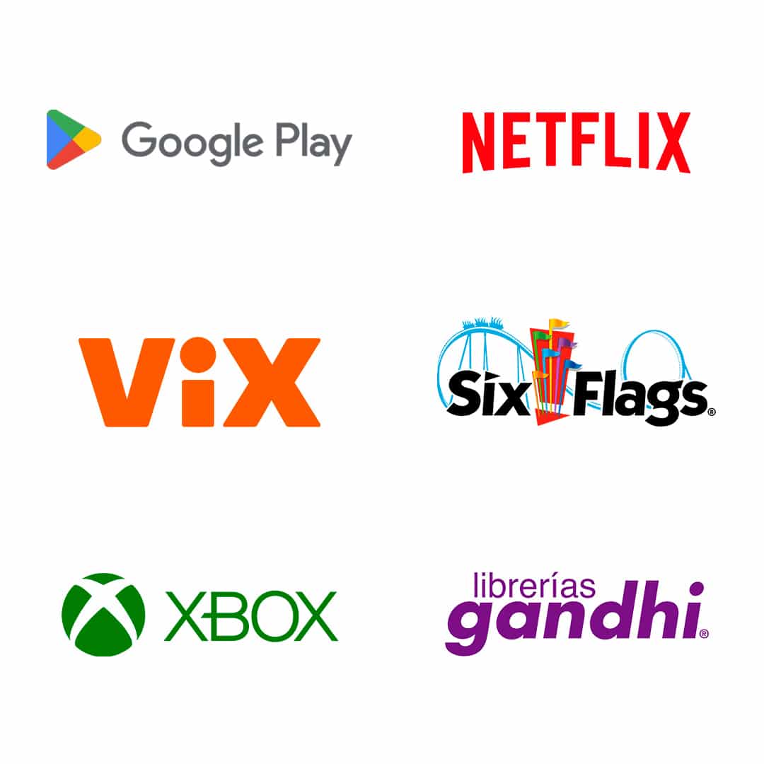 Pines de pagaqui, logos de netflix, google play, six flags, xbox, gandhi y vix